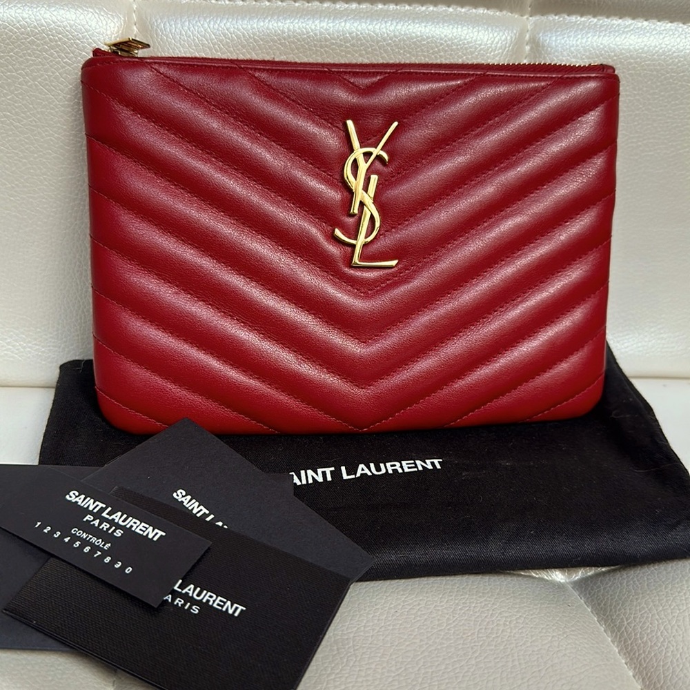 Saint Laurent Red Calfskin Matelasse Chevron Monogram pouch clutch bag